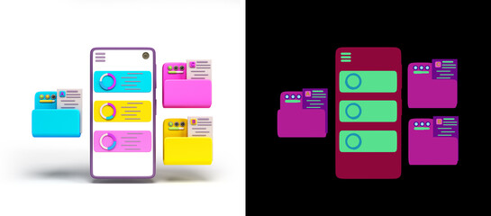 Fototapeta premium Internal storage concept smartphone with file folders on screen 3d render on white with alpha