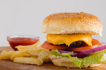 Close-up of burger with french fries and sauce against white background, copy space
