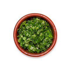 Delicious kale bowl on white isolated background.