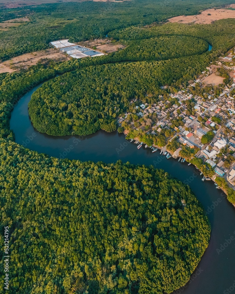 Poster Aerial vertical shot of a river flowing in a rural area in Escuintla, Guatemala