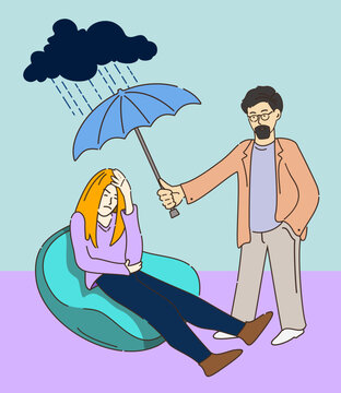 Therapist helps client to overcome depression. Psychologist. Pschycological counselling. Mental disease. Rain cloud. Umbrella. Concept.