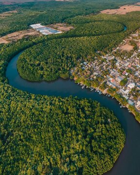 Aerial vertical shot of a river flowing in a rural area in Escuintla, Guatemala