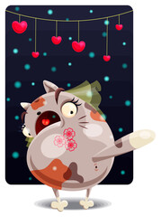 St. Valentine's Day. The character is at the window. Cat with a veil. The opening is decorated with hearts. The pet has a tattoo in the form of flowers. Sticker.
