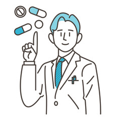 Fototapeta na wymiar Male pharmacist in white coat smiling and holding up index finger [Vector illustration].