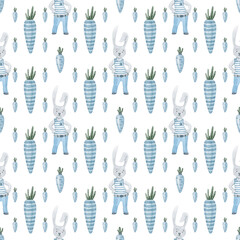 Watercolor seamless pattern with hare sailor and blue carrots . Rabbit in a vest.