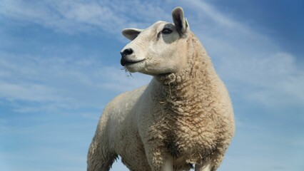 Closeup portrait of a texel sheep grazing in a farm outdoors