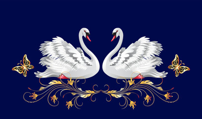 Decorative card with pair white swans and vintage golden ornament for invitations or congratulations with wedding or engagement