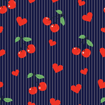 Seamless vector pattern with cherries and hearts