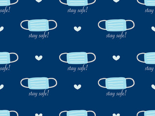 Mask cartoon character seamless pattern on blue background. Pixel style