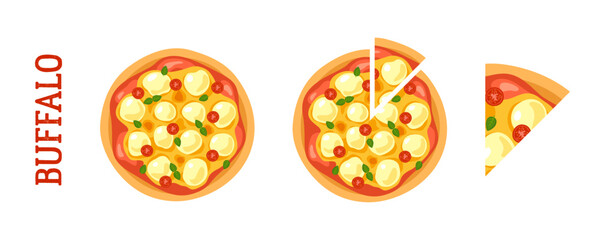 A set of modern illustrations of buffalo pizza. Whole, cut and a slice of pizza.