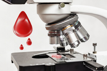 Close-up microscope and glass with a drop of blood for diagnosis, hemophilia, DIC syndrome, blood...