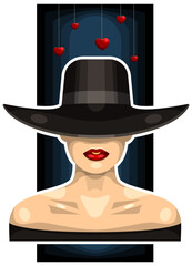 Girl in a hat with brim. Red lips. Above the head is a garland in the form of hearts. Sticker.