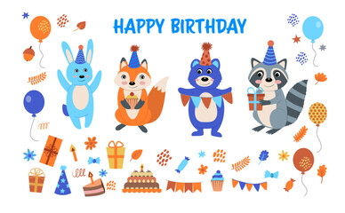 Hand drawn cute animals characters. Birthday decoration elements with cute animals, children birthday present clipart
