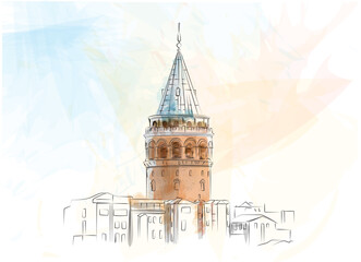 Galata tower Istanbul turkey drawing color, VECTOR