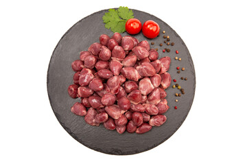 Raw rabbit heart meat on a cutting board. Isolate.