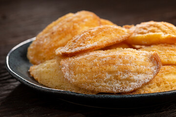 Traditional madeleines with sprinkled sugar.