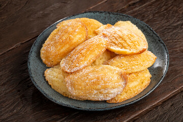 Traditional madeleines with sprinkled sugar.
