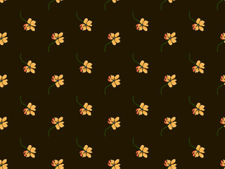 Flower cartoon character seamless pattern on brown background. Pixel style