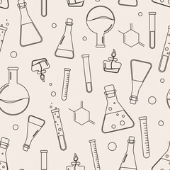 Vector seamless pattern with laboratory elements: glass flasks, vials, test-tubes with substance and reagents. In sketch style illustration. For design of scientific book, fabric, textile, wrap paper.