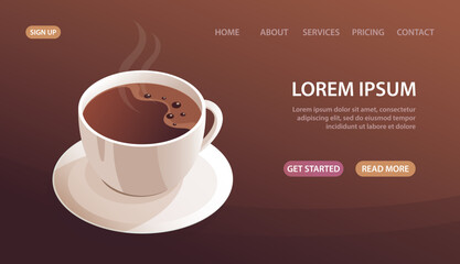 A cup of hot coffee on a saucer. Morning drink with caffeine. Fragrant tasty drink. Cappuccino, expresso. Design for banner, website, poster. Vector realistic illustration on a brown background