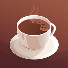 A cup of hot coffee on a saucer. Morning drink with caffeine. Fragrant tasty drink. Cappuccino, expresso. Design for label, poster, logo for a cafe. Vector realistic illustration on a brown background