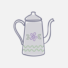 Cartoon blue teapot with purple flower. Vector illustration, doodle design.
