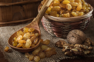 raisins in a basket and other fruits