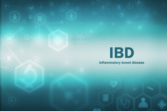 IBD on a blue background with medical neon icons, medical background with a microscope, science, research