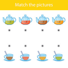 Educational puzzle for kids. Find a match in the pictures. Vector illustration. Printed sheet with mugs and teapots with tea. Logic for childrens.