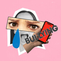 Contemporary art collage. Conceptual image with crying person suffering from internet bullying