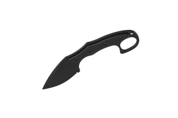 Modern tactical knife with black blade and rubber handle. Steel arms. Isolate on a white back.