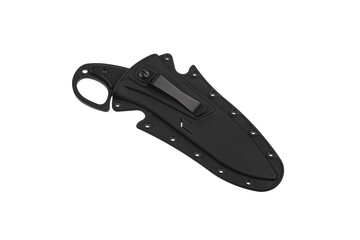 Modern tactical knife with black blade and rubber handle. Steel arms. Isolate on a white back.