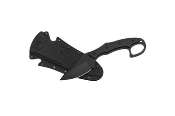 Modern tactical knife with black blade and rubber handle. Steel arms. Isolate on a white back.