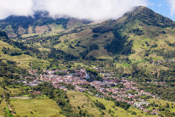 Fototapeta na wymiar Panoramic view of the historical town of Titiribi located in the region of Antioquia in Colombia