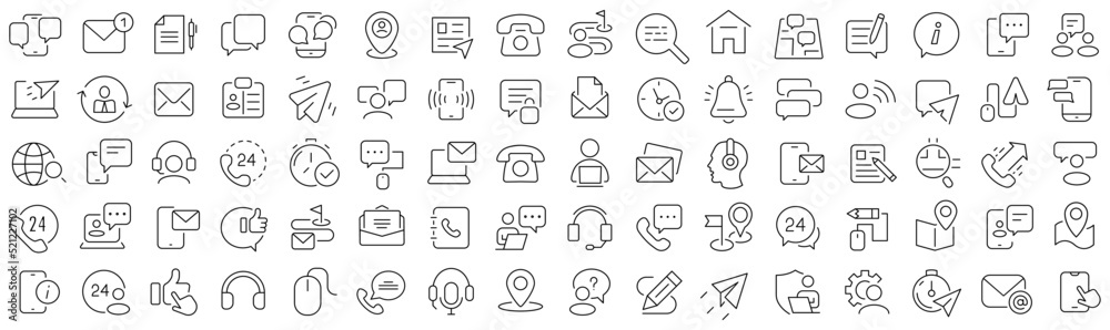 Poster set of contact us line icons. collection of black linear icons