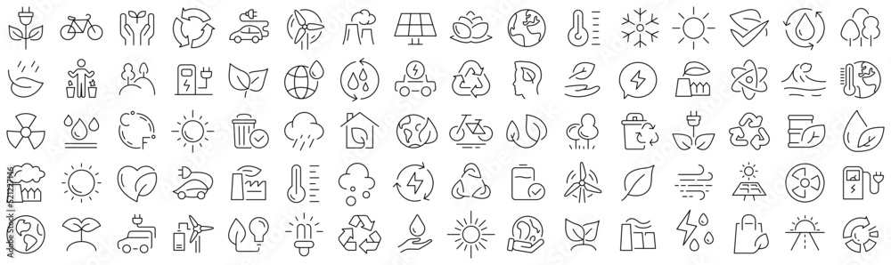 Poster set of eco and environment line icons. collection of black linear icons