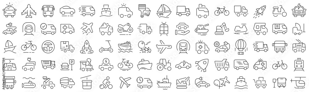 Poster set of vehicle and transport line icons. collection of black linear icons
