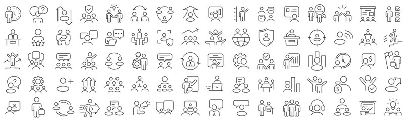 Set of people teamwork line icons. Collection of black linear icons
