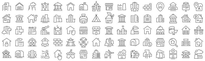 Set of architecture and buildings line icons. Collection of black linear icons