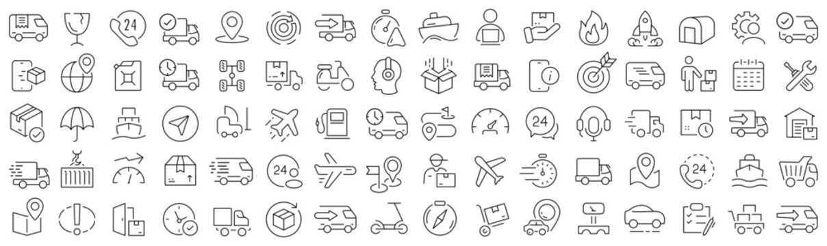 Set of delivery and logistics line icons. Collection of black linear icons