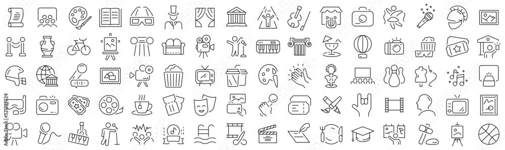 Poster set of culture and art line icons. collection of black linear icons