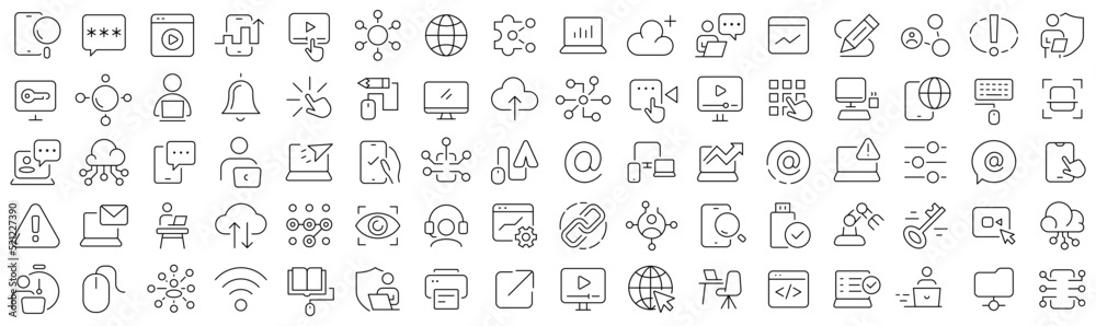 Poster set of information technology line icons. collection of black linear icons
