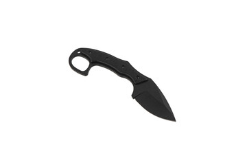 Modern tactical knife with black blade and rubber handle. Steel arms. Isolate on a white back.