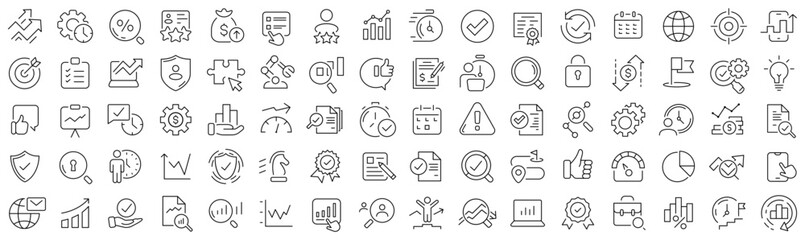 Set of assessment and analysis line icons. Collection of black linear icons - obrazy, fototapety, plakaty