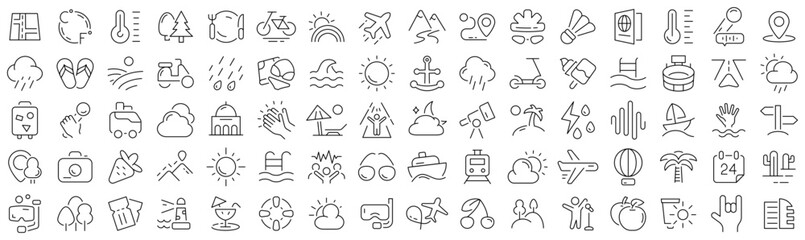 Set of summer vacation line icons. Collection of black linear icons