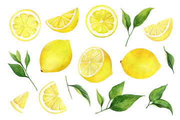 Watercolor lemon set. Half, slice, green leaf, branch of summer tropical fruit. Antiviral health food. Perfect for home decor, card making, cocktail menu. - obrazy, fototapety, plakaty