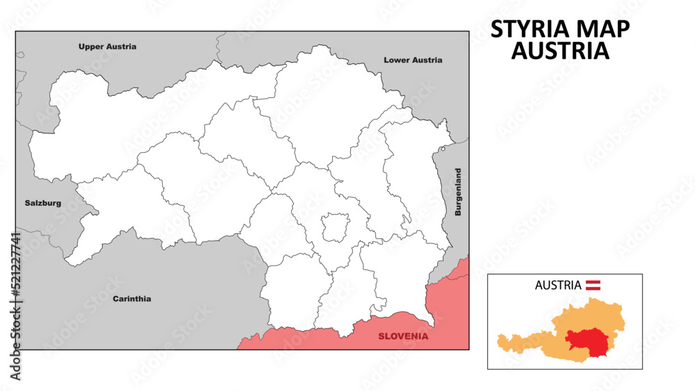 Sticker Styria Map. State and district map of Styria. Political map of Styria with outline and black and white design.