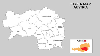 Styria Map. State and district map of Styria. Administrative map of Styria with district and capital in white color.