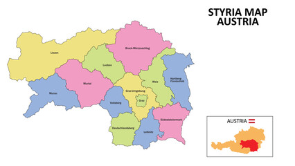 Styria Map. District map of Styria detailed map of Styria in color with capital.