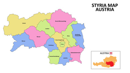 Styria Map. District map of Styria detailed map of Styria in color with capital.